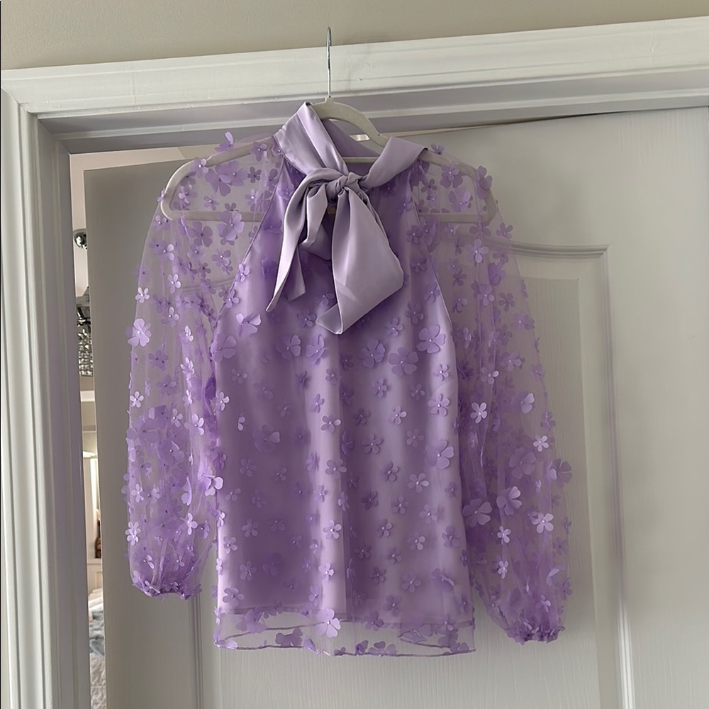 Lavender Sheer Floral Blouse with Bow